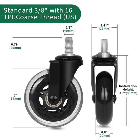 Replacement Office Chair Casters Set Of 5 With Rubber Wheels And Threaded Stem Three Eighths Inch Imperial Threads Per Inch Quiet Smooth Gliding Safe On Wood Hardwood And Carpet Floors No Chair Mat Needed. Image of a caster with dimensions showing 3/8 inch threaded stem, black wheel and specifications.