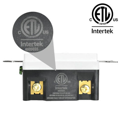 No Sweat Heavy Duty 15 Amp Gfci Outlets And Gfi Duplex Receptacles With Straightforward Setup and Crisp Led Indicator Includes Smooth Wall Plate Solid Fireproof Build Etl Rated White 100 Pack detail showing ETL certification logo and specifications.