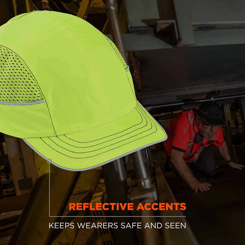 Safety Bump Cap Baseball Hat Style with Removable HDPE Shell and Foam Padding, reflective brim, breathable side vents