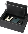 Slick Hidden Drawer Safe With Electronic Lock And Backup Key For Desk Or Nightstand Built Tough From Solid Steel Construction. Open safe with cash, phone, and watch inside.