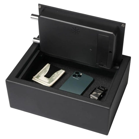 Slick Hidden Drawer Safe With Electronic Lock And Backup Key For Desk Or Nightstand Built Tough From Solid Steel Construction. Open safe with cash, phone, and watch inside.
