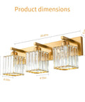 Three Light Gold Crystal Bathroom Vanity Light With Brushed Gold Finish Clear K9 Crystal Shades dimensions shown. Modern minimalist design.