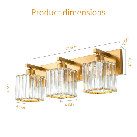 Three Light Gold Crystal Bathroom Vanity Light With Brushed Gold Finish Clear K9 Crystal Shades dimensions shown. Modern minimalist design.