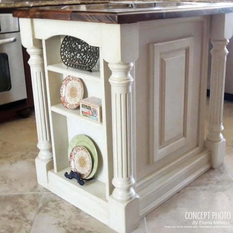 Kent Raised Panel Cabinet Column Hand Carved Rubberwood Three And Three Quarters Inch Deep Three And Three Quarters Inch Wide Thirty Five And A Half Inch Tall Ready To Paint Or Stain Perfect For Kitchen Islands Vanities Fireplace Surrounds Furniture corner view of kitchen island with decor