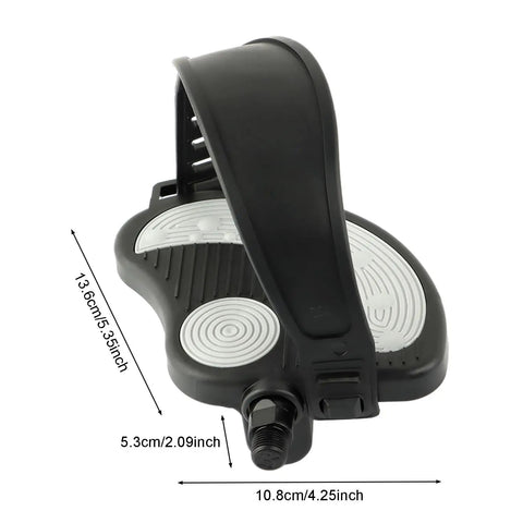 Adjustable Straps Bike Pedals For Exercise Bike With Nine Sixteen Inch Thread Compatible With Spin Indoor Stationary And Recumbent Bikes Short Axis Replacement Parts Easy Strap Positions For Secure Fit showing black pedal with size dimensions.