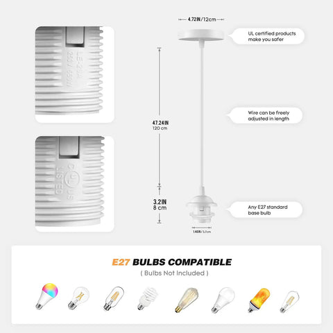 Dope Vintage Pendant Light Kit Featuring Extra Long Adjustable Hardwired Ceiling Cable With Ultra Safe E26 E27 Bulb Sockets for awesome DIY home decor vibes, showing adjustable wire length and E27 compatibility.