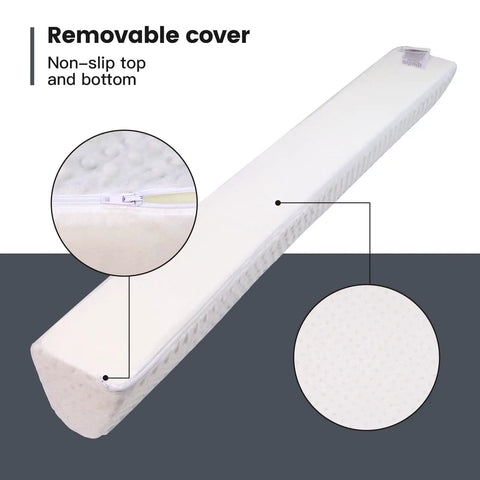 Removable cover of Rock Solid Toddler Bed Guard Rails and Foam Bumpers, non-slip top, grey padding for safety.