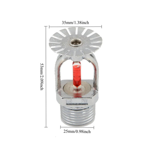 Five Pack Rock Solid 3/4 Inch Fire Sprinkler Heads Featuring Chrome Brass Bodies And Snappy 155F Red Bulbs To Keep Your Property Bulletproof All Year Long, detailed view of a chrome brass fire sprinkler.