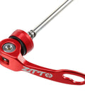 Close-up of Red Quick Release Bike Skewers Set 2 Pack Front 15cm And Rear 18.5cm Aluminum Alloy Axles with lever detail