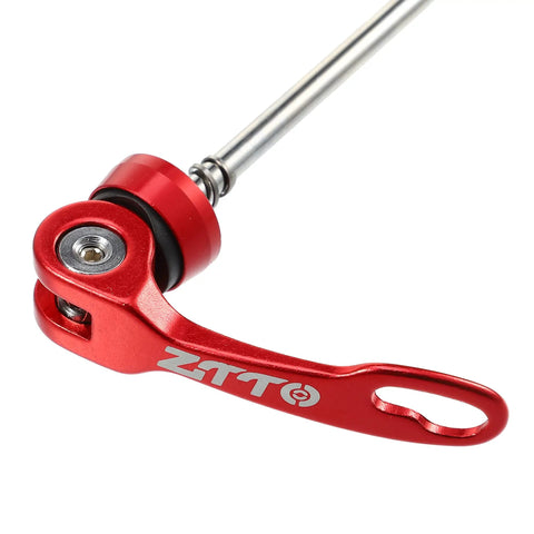 Close-up of Red Quick Release Bike Skewers Set 2 Pack Front 15cm And Rear 18.5cm Aluminum Alloy Axles with lever detail