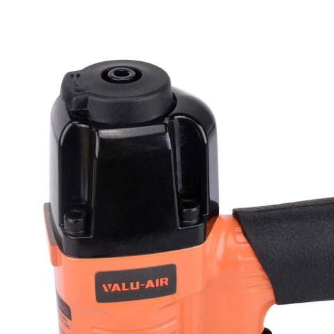 Straight Shooter 18 Gauge Pneumatic Brad Nailer And Twofer Air Stapler Crafted From Lightweight Aluminum top view with black and orange detailing.