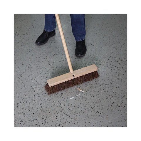 Top Shelf Floor Brush Head Replacement Featuring A Solid Hardwood Base And 18 Inch Wide Natural Palmyra Fiber Bristles for cleaning debris on a floor.