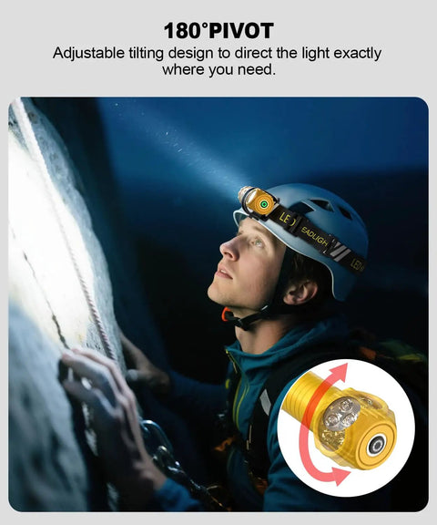 Climber using Rechargeable LED Headlamp For Adults With Red Light Hard Hat Compatible 180 Degree Tilt 7 Modes Magnetic Base in dark cave