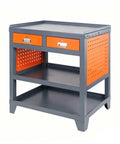 Built Tough Steel Workbench With Slick Rolling Drawers And Heavy Duty Tool Storage Cart For Garages And Workshops, gray with orange drawers.