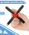 Hand holding a three pack spare RC plane propellers for Mustang P51 400mm 4 channel RC aircraft with red nose and saver adapter.
