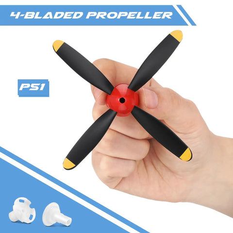 Hand holding a three pack spare RC plane propellers for Mustang P51 400mm 4 channel RC aircraft with red nose and saver adapter.