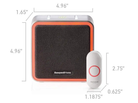 Series 9 Portable Wired and Wireless Doorbell With 11 Preinstalled Tunes 450 Foot Range Easy Install Wall Mount Or Tabletop Setup Adjustable Volume Up To 90 Decibels shown with dimensions.