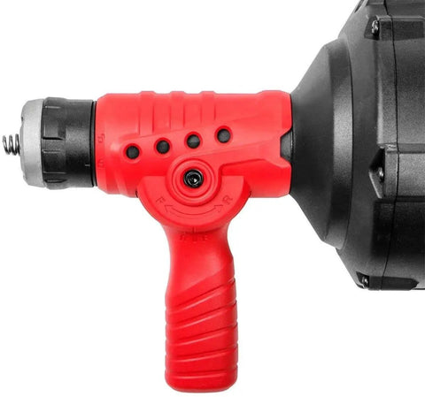 Red Auto-Feed Handheld Drain Auger With 25 Ft Replaceable Cable, 300W Electric Cord, Snake Cleaner, LED Light