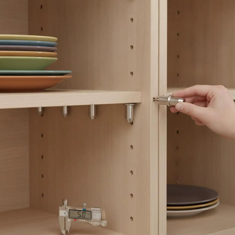 Installing Durable Heavy Duty 5mm Steel Cabinet Shelf Pins Replacement Pegs in a kitchen cabinet for adjustable shelving
