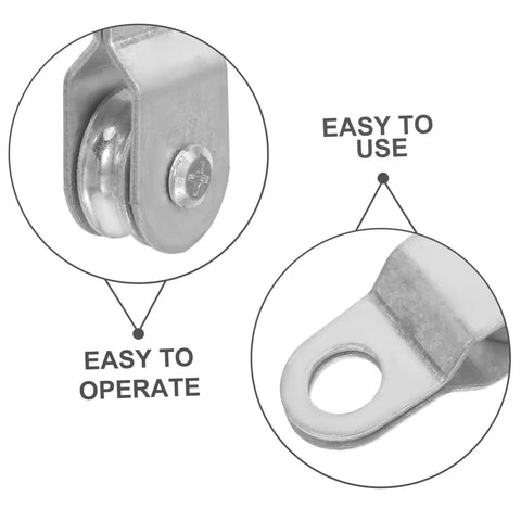 Twelve Piece 6mm Rope Guide Pulley Blocks For Outdoor Use With Swivel Cable Lifting Rollers, close-up of silver pulley