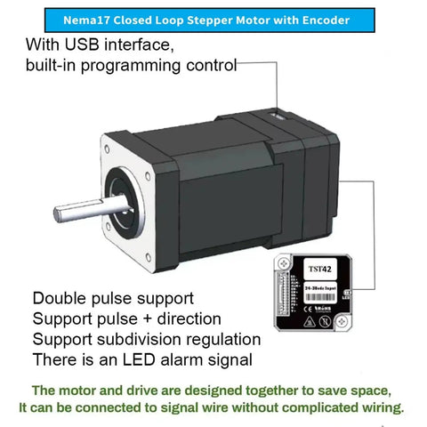 Nema17 Closed Loop Stepper Motor with Encoder, features USB interface, designed for precise automation in projects.