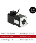 Front view of 42HS48-YC-PD stepper motor, 48 mm length, black body with silver faceplate, 1.8° step, 1.8 A, 3.2 V