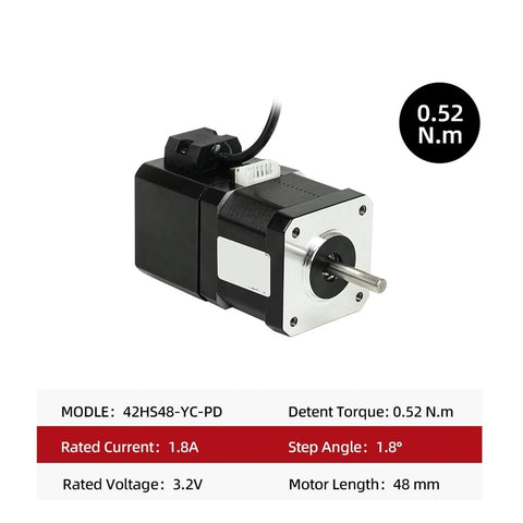 Front view of 42HS48-YC-PD stepper motor, 48 mm length, black body with silver faceplate, 1.8° step, 1.8 A, 3.2 V
