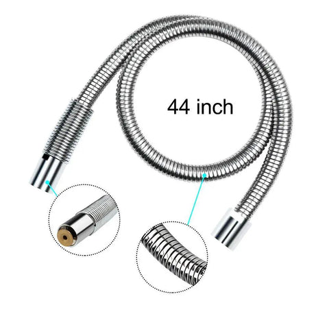 44 Inch Stainless Steel Pre Rinse Sprayer Hose Replacement Kit For Pro Grade Commercial Kitchen Sink Faucets With 7/8 Inch 20 NPT Internal Threads At Both Ends And Includes Two Washers shown coiled with detailed end view.