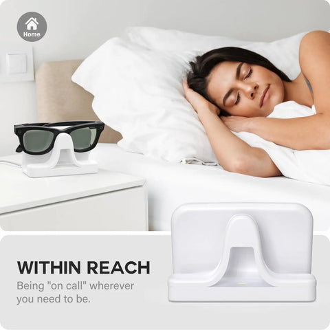 Slick Charging Stand With USB-C Cable For Ray-Ban Meta Smart Glasses Gen 1 And Gen 2 on nightstand by sleeping woman