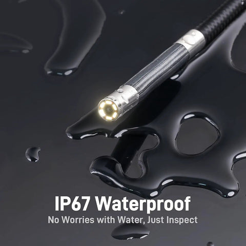 10ft Articulating Borescope for Mechanics and HVAC Inspections with IP67 waterproof camera in liquid, 6.5mm diameter lens visible