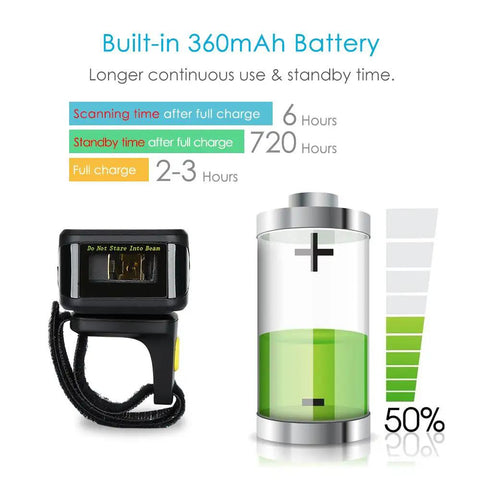 Battery performance of Ring Wearable 1D Barcode Scanner For Hands Free Scanning Bluetooth 2.4G Wireless Or USB Wired Mini Bar Code Reader