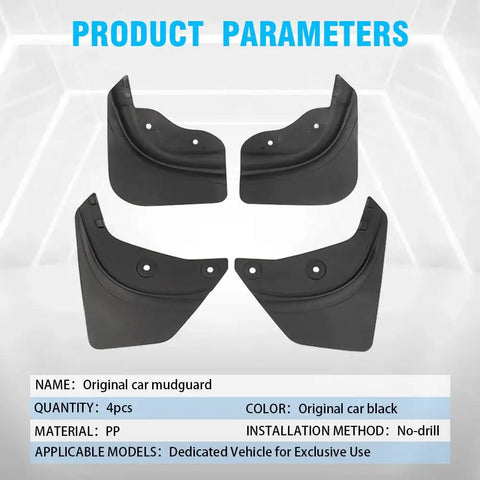 Custom Fit Splash Shields For Tesla Model Y 2020 To 2024 Set Of Four Heavy Duty Rubber Mud Flaps displayed front view, black PP material.