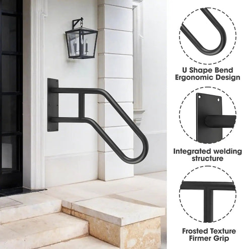 Rock Solid U Shaped Hand Rails For Outdoor Steps With Heavy Duty Wall Mount Grab Bar, black coated steel, ergonomic design.