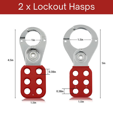Pro Grade Lockout Tagout Kit For Industrial Electrical Safety With 42 Piece Set Including 2 Steel Hasps, shown in detail