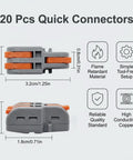 Twenty Pack Mini Lever Wire Connectors For Dead Simple Diy Splicing With Snug Grab Copper Clips and Smooth One Two Out Junction Terminals image showing dimensions and features.