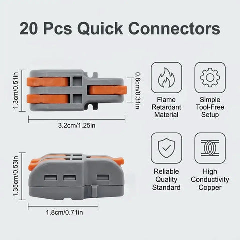Twenty Pack Mini Lever Wire Connectors For Dead Simple Diy Splicing With Snug Grab Copper Clips and Smooth One Two Out Junction Terminals image showing dimensions and features.