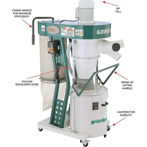 Heavy Duty 2 Hp Portable Cyclone Dust Collector Green Shop Beast That Sucks Up Sawdust Effortlessly And Keeps Your Workshop Spotless Every Single Day with crank handle and wheels.