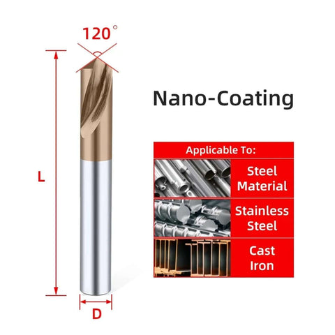 Carbide spot drill bit D12x100L with nano-coating; gold-colored for steel, stainless steel, cast iron