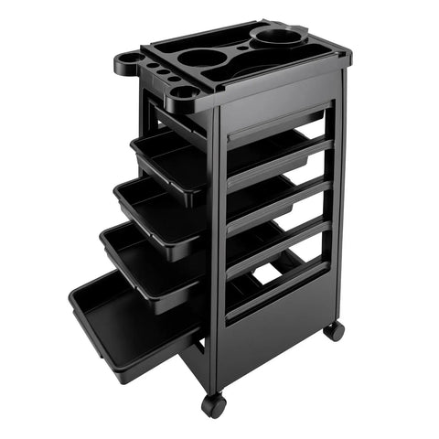 Professional 5 Tray Salon Rolling Cart With Smooth Gliding Wheels And Heaps Of Storage Space For Hair Stylists with five drawers.