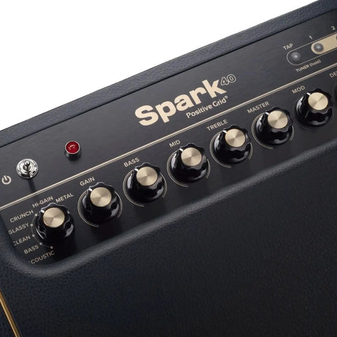 Control panel of Spark 40-Watt Combo Practice Amp For Electric Guitar, Bass, And Acoustic With Mobile App, showing dials and settings.