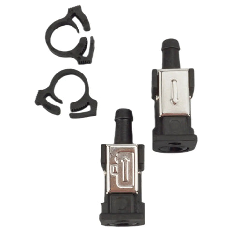 Fuel Line Tank Hose Connectors For Yamaha Outboard Motors 2-Stroke And 4-Stroke Replacement Components Fits 9.9 15 25 30 40 50 60 75 90 115 130 150 HP And Sierra 18-80415 6E5-24305-06 6YK-24305-01 6E5-24305-00-00 6Y2-24305-06-00, showing two connectors and clamps