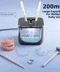 Powerful 45kHz Ultrasonic Cleaner For Dentures, Aligners, And Mouth Guards With UV Sanitizer, showing open tank and accessories