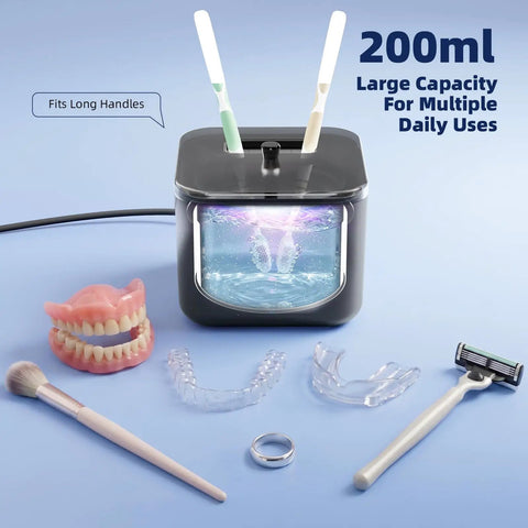 Powerful 45kHz Ultrasonic Cleaner For Dentures, Aligners, And Mouth Guards With UV Sanitizer, showing open tank and accessories