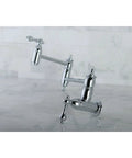 Pot Filler Faucet With Metal Lever Handle Polished Chrome Spout Height 8.125 Inch Wall Mount Drip Free Ceramic Disc Cartridge Half Inch NPT Connection 3.8 GPM 60 PSI Solid Brass on marble wall