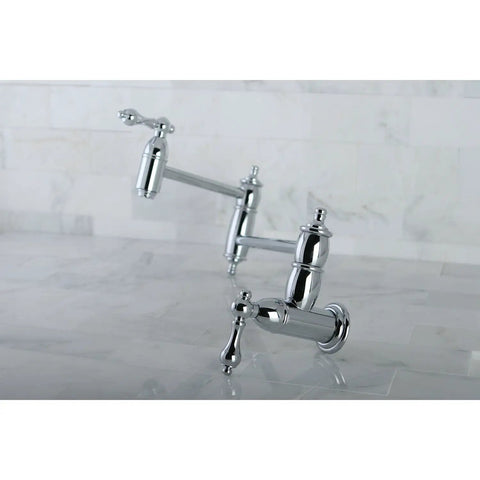 Pot Filler Faucet With Metal Lever Handle Polished Chrome Spout Height 8.125 Inch Wall Mount Drip Free Ceramic Disc Cartridge Half Inch NPT Connection 3.8 GPM 60 PSI Solid Brass on marble wall