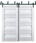 Interior Bypass Barn Sliding Doors With Frosted Glass And Solid Wood Panels, 72 By 96 Inches, White Modern Studio Style