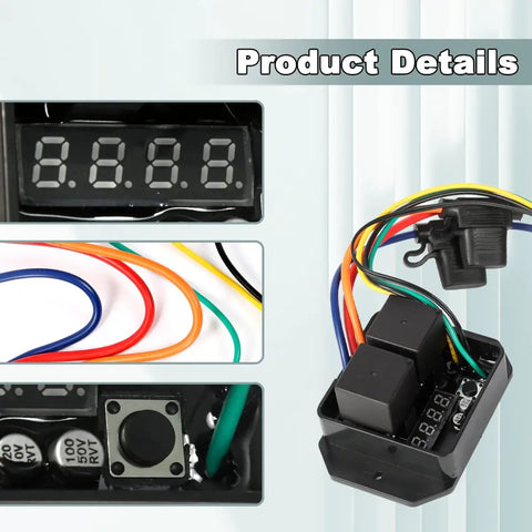 Close-up of Dual Electric Radiator Fan Switch Kit For 12V And 24V Rides showing digital display, wiring, and control box.