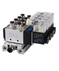 4V210-08 Beefed-Up Four Valve Pneumatic Solenoid Assembly One Quarter Inch NPT Two Position Five Way Valve Block With Base Mount