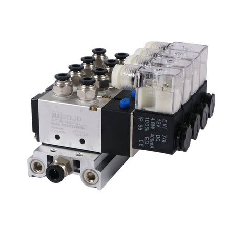 4V210-08 Beefed-Up Four Valve Pneumatic Solenoid Assembly One Quarter Inch NPT Two Position Five Way Valve Block With Base Mount