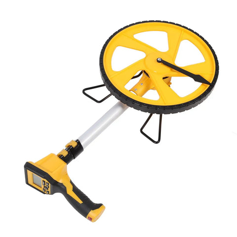 Heavy Duty Digital Measuring Wheel For Yard And Job Sites Folding Telescopic Handle With Backlit Screen And Carry Pouch Measures Up To 100K Feet side view showing large wheel and handle.